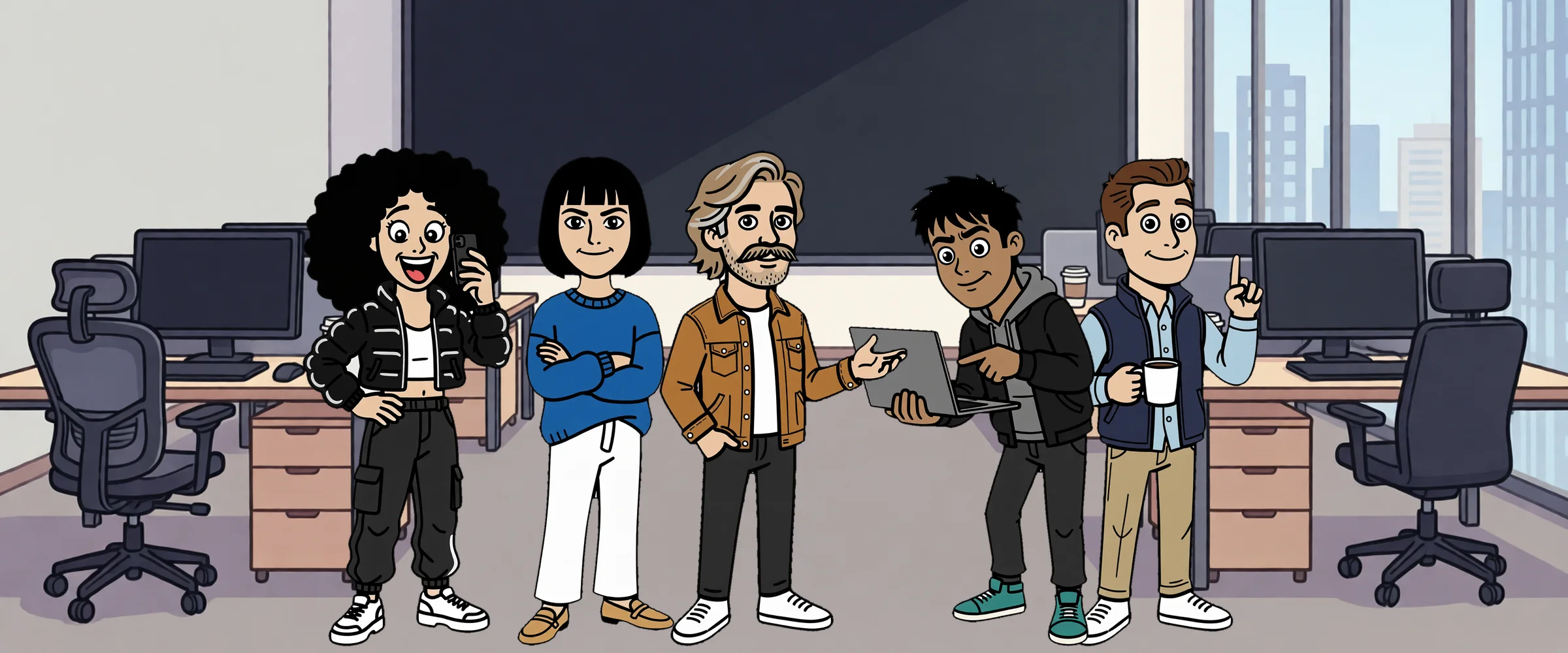 The cast of Pure Inference Daily in their pod: Zuri, Margo, Tim, Dev and Hollis.